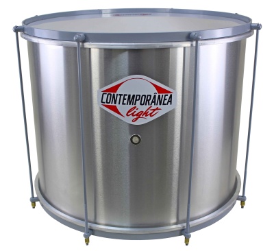 Tambor prateado com pele branca e etiqueta CONTEMPORÂNEA light