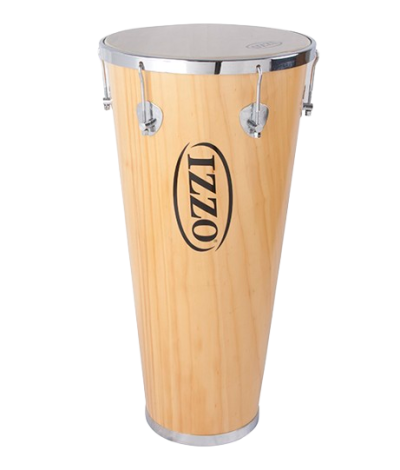 Conga de madeira clara com aros metálicos e logo IZZO