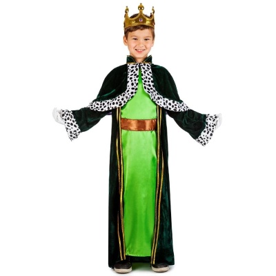Criança em traje de rei com manto verde e coroa dourada