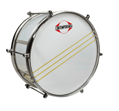 Tambor de percussão branco com estrutura metálica prateada e logo CONTEMPORÂNEA