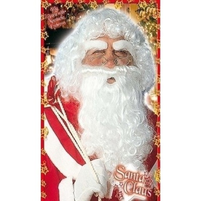 Traje de Pai Natal vermelho com barba branca encaracolada e bengala vermelha e branca