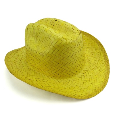 Chapéu de palha amarelo tipo cowboy com padrão entrelaçado
