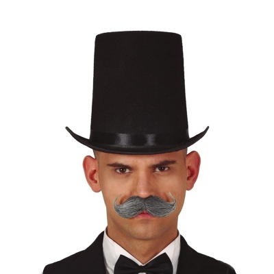 Homem com chapéu alto preto e bigode cinzento falso