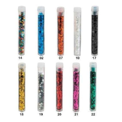 Dez tubos transparentes com glitter colorido e números de 14 a 22