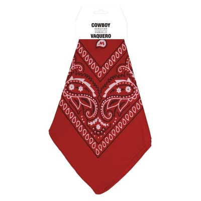 Lenço vermelho com padrão paisley branco em embalagem com etiqueta COWBOY VAQUERO
