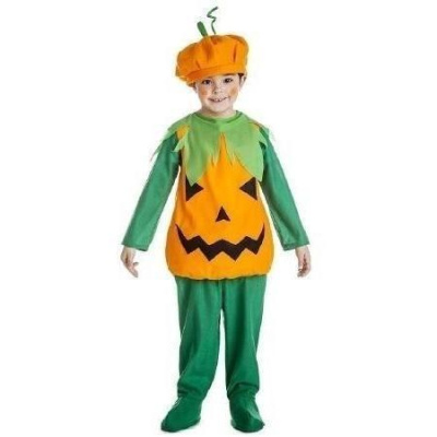 Criança vestida com traje de abóbora laranja e verde para Halloween