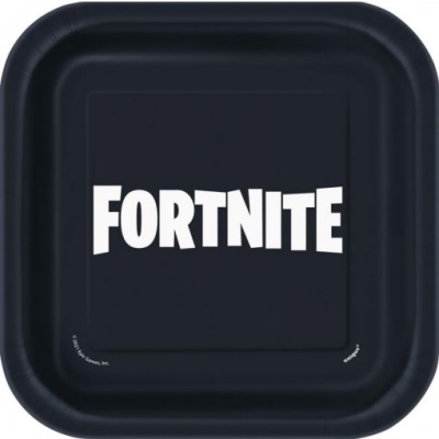 Prato quadrado preto com texto branco FORTNITE no centro