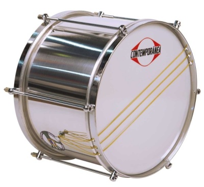 Tambor metálico prateado com pele branca e logo CONTEMPORANEA