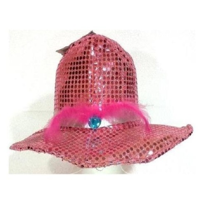 Chapéu rosa brilhante com lantejoulas e decoração de plumas