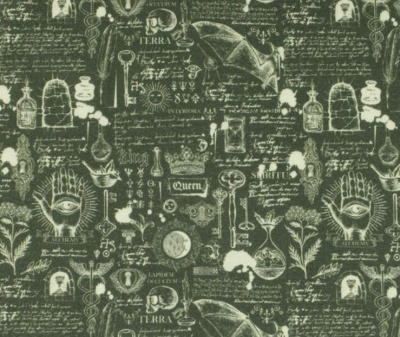 Pano ou papel de parede vintage com símbolos místicos creme em fundo cinza-esverdeado.