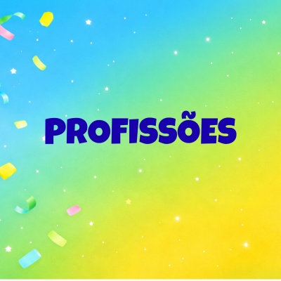 Fundo gradiente azul para amarelo com confetis e texto PROFISSÕES