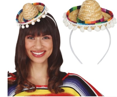 Mini chapéu de palha colorido com pompons em tiara usado por mulher