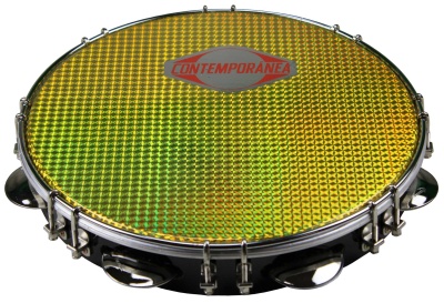 Pandeiro metálico com pele dourada e etiqueta CONTEMPORÂNEA