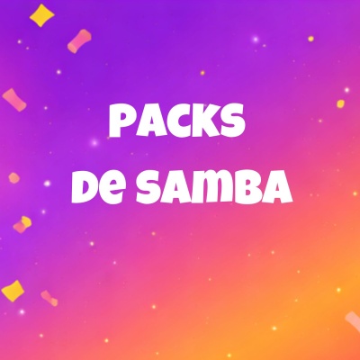 Fundo laranja e púrpura com confetes e texto PACKS DE SAMBA em branco.