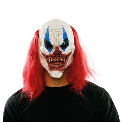 Máscara de palhaço assustador com cabelo vermelho e roupa preta