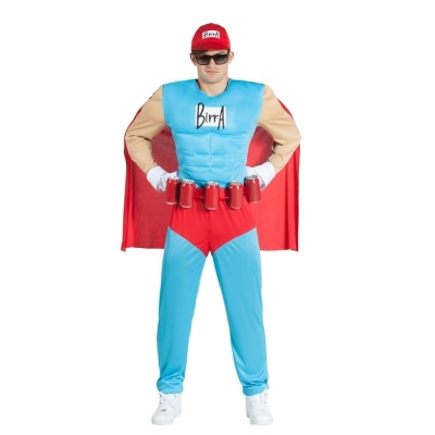 Fantasia de super-herói azul claro e vermelho com capa e cinto de latas