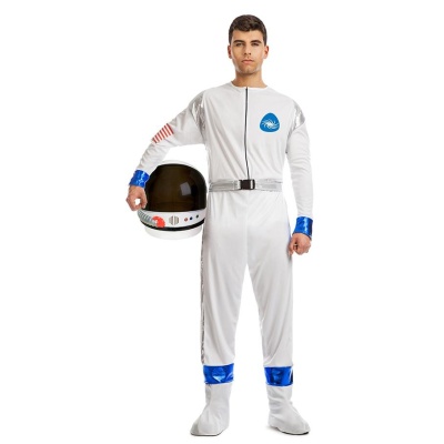Fato de astronauta branco com detalhes azuis e capacete