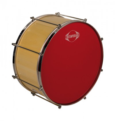Tambor em madeira clara com pele vermelha e marca CONTEMPORANEA