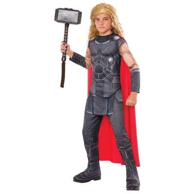 Fato infantil do super-herói Thor com martelo e capa vermelha