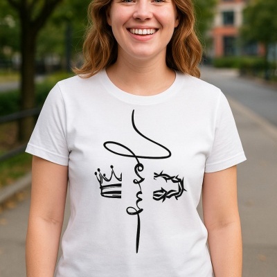Mulher em T-shirt branca com desenho preto de coroa, linha curva e ramo de espinhos em ambiente urbano