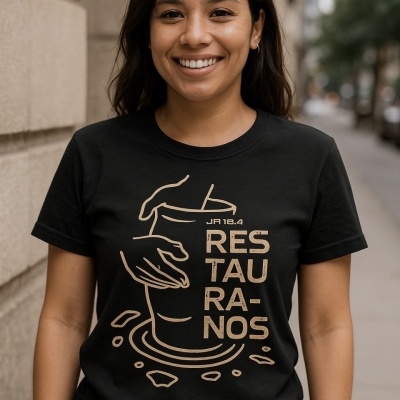 T-shirt preta com estampa dourada de mãos segurando vaso rachado e texto JR 18.4 RESTAURANOS