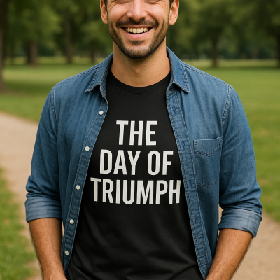 Homem sorridente com t-shirt preta escrita THE DAY OF TRIUMPH e camisa de ganga aberta no campo verde