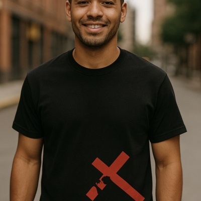 Homem a sorrir veste t-shirt preta com estampa vermelha e fundo urbano desfocado.