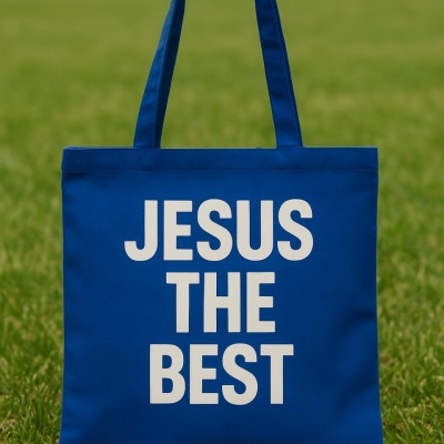 Mala tote bag azul com texto branco JESUS THE BEST