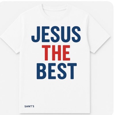 T-shirt branca com texto JESUS THE BEST em azul e vermelho