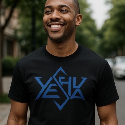 Homem com t-shirt preta com padrão azul em ambiente urbano