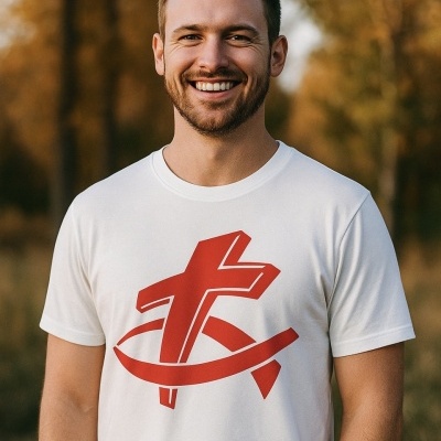 Homem sorridente com camisola branca e estampa vermelha de cruz tridimensional ao ar livre