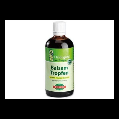 Frasco de vidro escuro com tampa branca de Balsam Tropfen da Posch