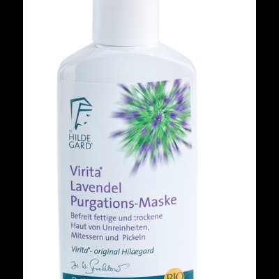 Frasco branco de produto Virita Lavendel Purgations-Maske com etiqueta floral e texto em alemão