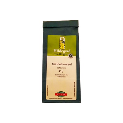 Pacote cinza escuro com etiqueta amarela e bege com pó de raiz de alcaçuz moída