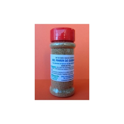 Frasco de sal marinho com ervas com tampa vermelha e rótulo branco com texto azul