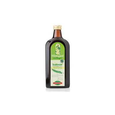 Frasco de vidro escuro com suplemento alimentar Scolovin da Hildegard von Bingen