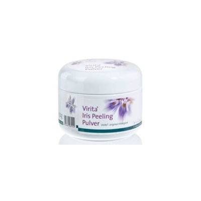 Frasco branco de Virita Iris Peeling Pulver com flores lilases