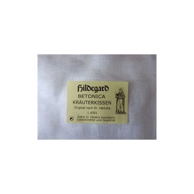 Embalagem de tecido branco com rótulo amarelo claro e texto preto do produto Hildegard Betonica Kräuterkissen