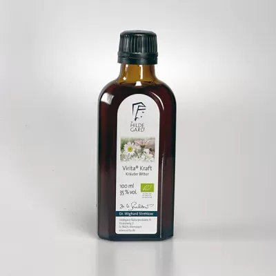 Frasco de vidro castanho com rótulo branco e tampa preta