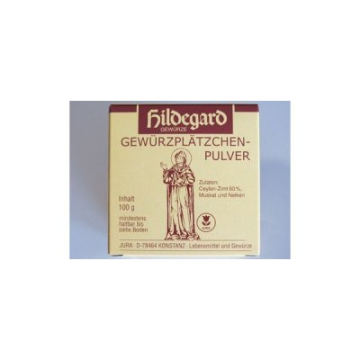 Caixa creme e castanha de pó de especiarias Hildegard Gewürze com figura religiosa e texto em alemão