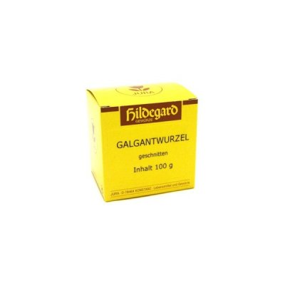 Caixa amarela com texto GALGANTWURZEL geschnitten Inhalt 100 g
