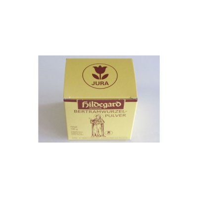 Caixa amarela de produto Hildegard Bertramwurzel Pulver com selo e figura desenhada
