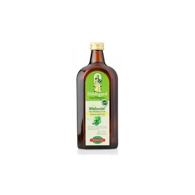 Frasco castanho com rótulo verde e branco de produto Melavin