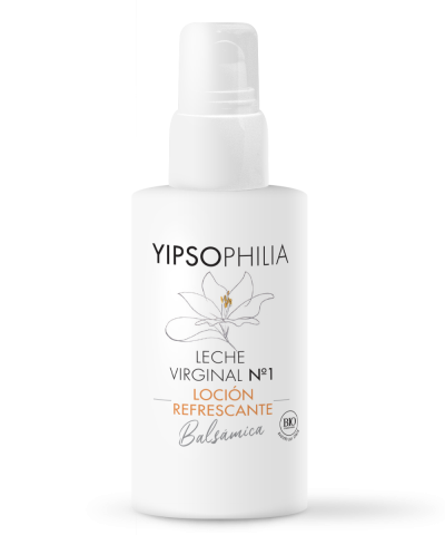 Frasco branco com doseador e rótulo com texto e desenho de flor