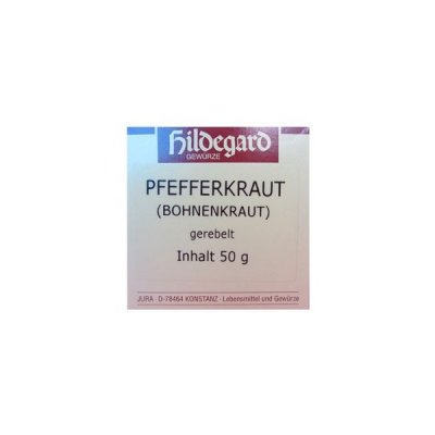 Etiqueta de produto Hildegard Gewürze com texto em alemão sobre ervas e peso 50g