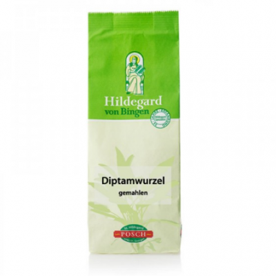 Embalagem verde e creme com texto Hildegard von Bingen e POSCH.