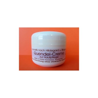 Frasco branco de creme cosmético Quendel-Creme com fundo laranja