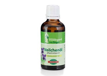 Frasco de óleo essencial Veilchenöl com rótulo verde, branco e violeta