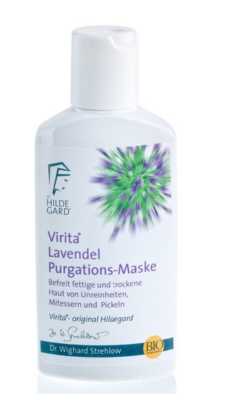 Frasco branco de produto Virita Lavendel Purgations-Maske com etiqueta floral e texto em alemão