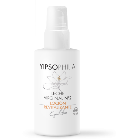 Frasco branco de loção revitalizante YIPSOPHILIA com texto e ilustração de flor